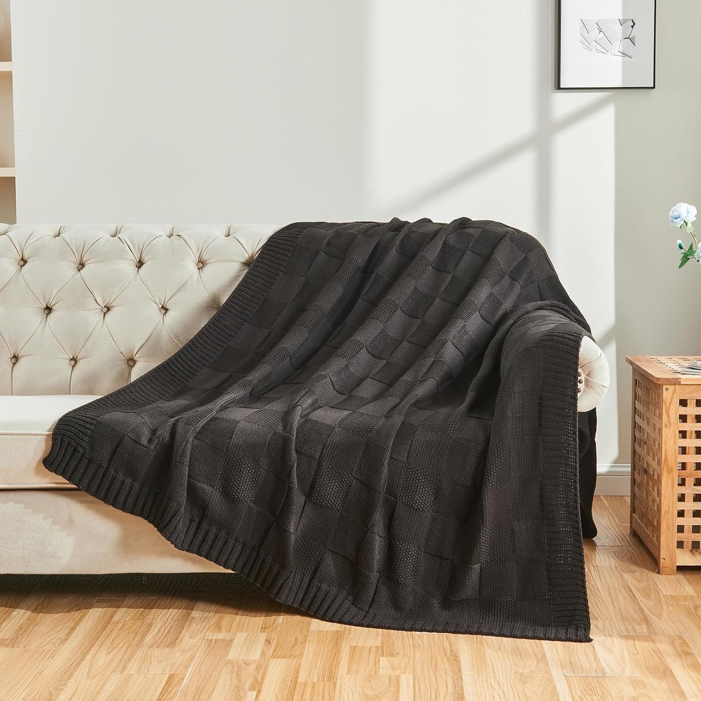 CozeCube Check Knit Throw Blanket, Jet Black Checkered Throw for Couch, Decorative Christmas Soft Cozy Warm Knitted Blanket for Bed Sofa Living Room, 50"X60"