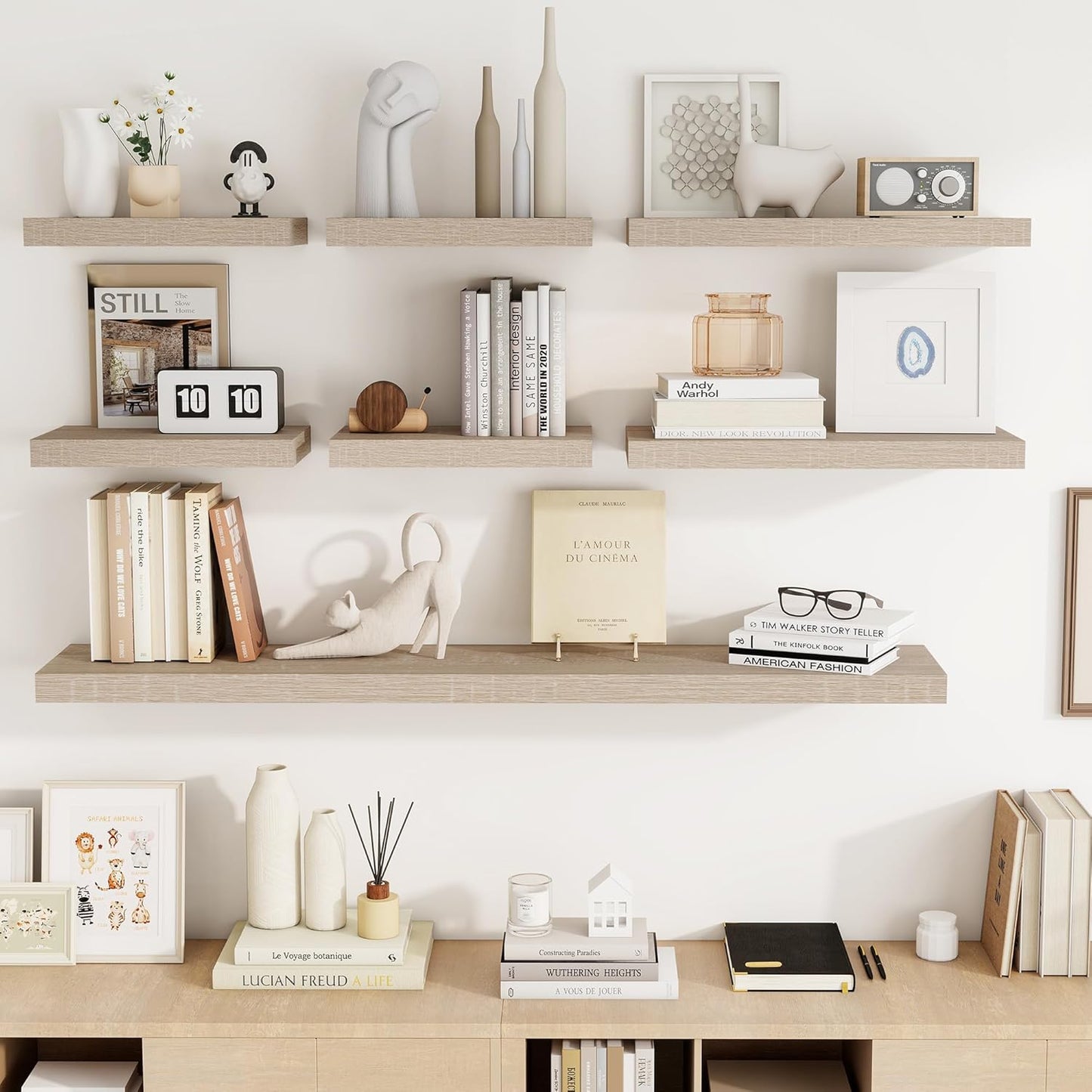 16 Inch Floating Shelves, 3D Textured Wood Grain, 16"x9.25"x1.5" Inch Deep Floating Shelves for Wall, Wooden Shelves for Bathroom, Bedroom, Living Room, Vintage White Oak