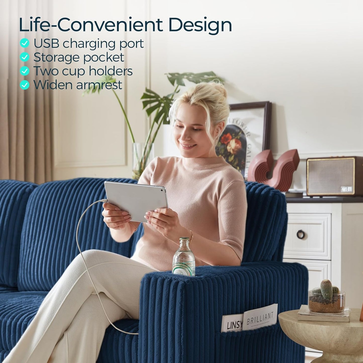 LINSY HOME Loveseat Sofa with Pull Out Couch Chaise: 2-in-1 Convertible 2 Seater Sofa with USB Charging & Cup Holders, Comfy Plush Corduroy Love Seat for Small Spaces Living Room Apartment, Blue