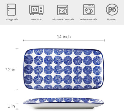 Selamica Ceramic Serving Platters, 14 Inch Serving Trays for Party Entertaining, Large Rectangular Serving Plates for Appetizer, Charcuterie, Dessert, Fruit, Set of 4, Vintage Blue