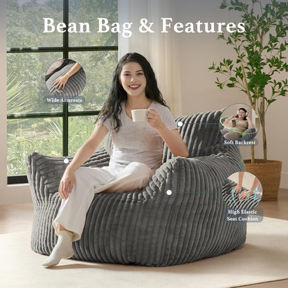 Giant Plush Bean Bag Chair for Adults with Armrests - Oversized Comfy Light Grey Beanbag Lounge Lazy Floor Sofa Accent Chair for Living Room, Bedroom & Dorm, Cozy Fluffy Single Cloud Mini Couch