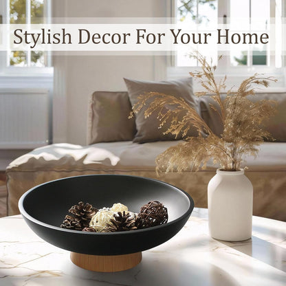 Modern Resin Pedestal Bowl – Large Fruit Bowl for Kitchen Counter, Catch All Tray for Entryway Table, Stylish Key Bowl & Dining Centerpiece, Black