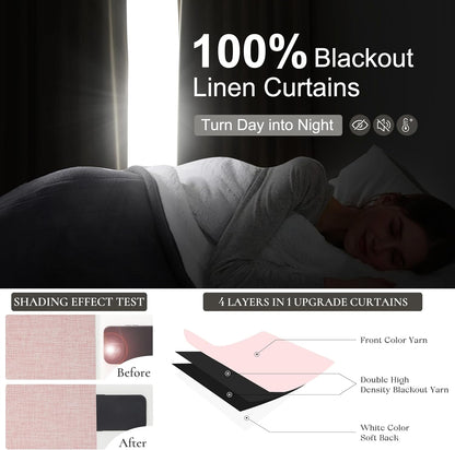 Pinch Pleated Heavy Flax Linen Baby Pink Curtains 90 Inches Long for Bedroom 2 Panels Set, Elegant Blackout Insulated Window Curtain with Hooks Rings for Nursery / Office Room Darkening Viral Drapes