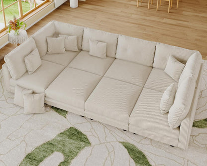 LLappuil Modular Sectional Sofa with Storage Seats, Corduroy Convertible Modular U Shaped Sectional Couch for Living Room, 8 Seat Oversized Sofa with 8 Back Cushion 8 Throw Pillow, Beige