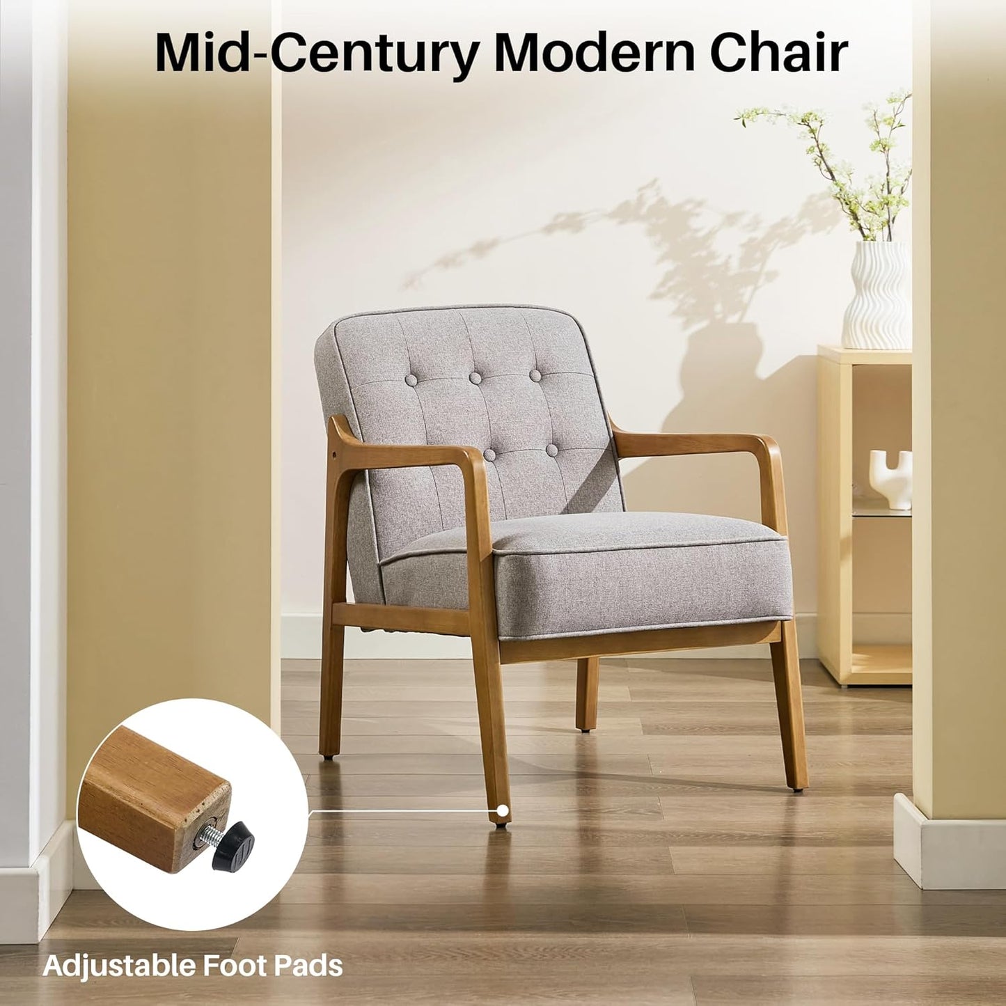 Linen Accent Chair, Mid Century Modern Chair for Living Room, Upholstered Comfy Lounge Armchair with Solid Wood Frame, Reading Side Chair for Bedroom,105°Ergonomic Comfort, Grey