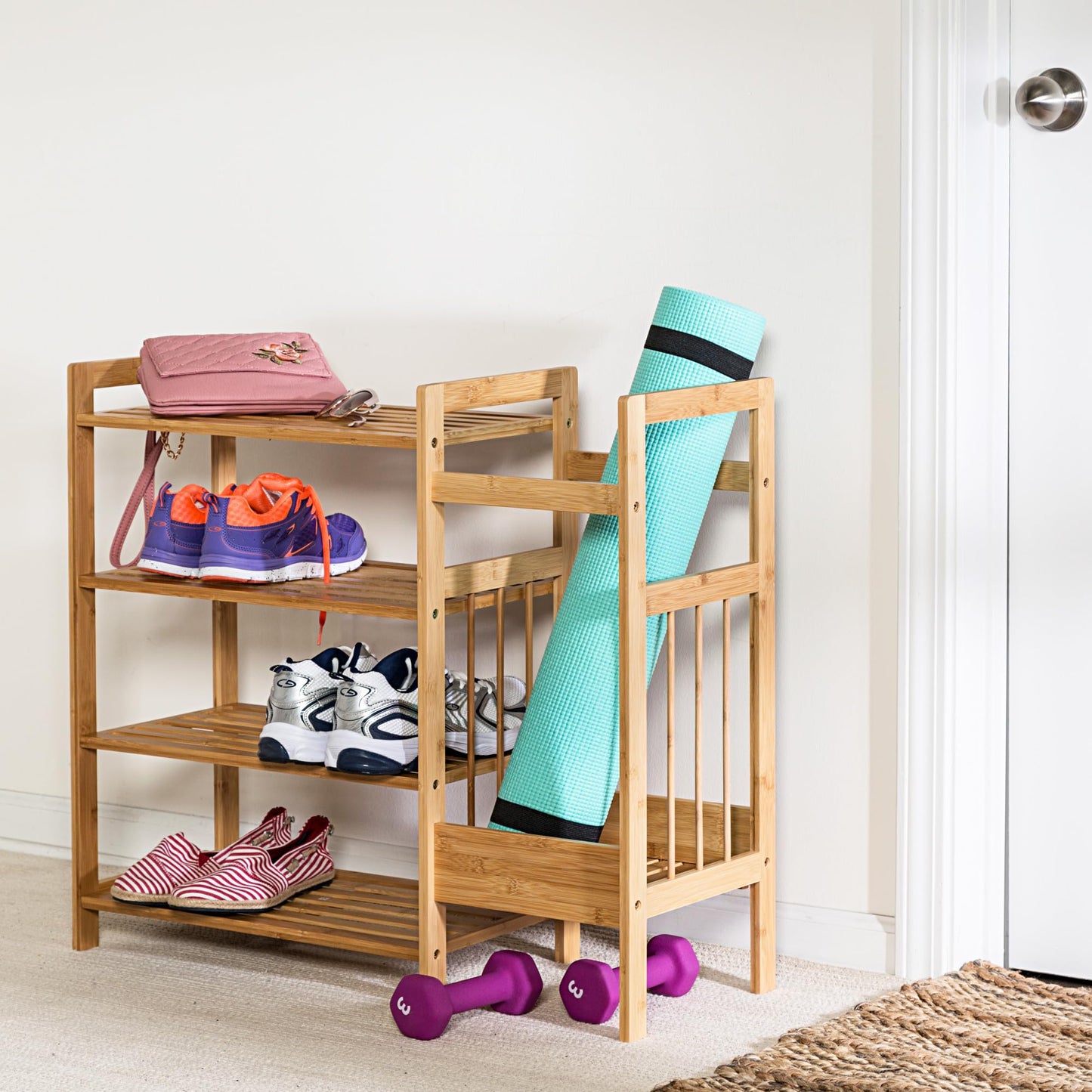 Honey-Can-Do Bamboo Entryway Organizer with 5 Coat Hooks and 3-Tier Shoe Rack – Multi-Purpose Hall