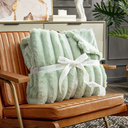 Cozy Bliss Faux Fur Throw Blanket for Couch, Cozy Warm Plush Striped Blanket for Sofa Bedroom Living Room, 50 * 60 Inches Sage Green
