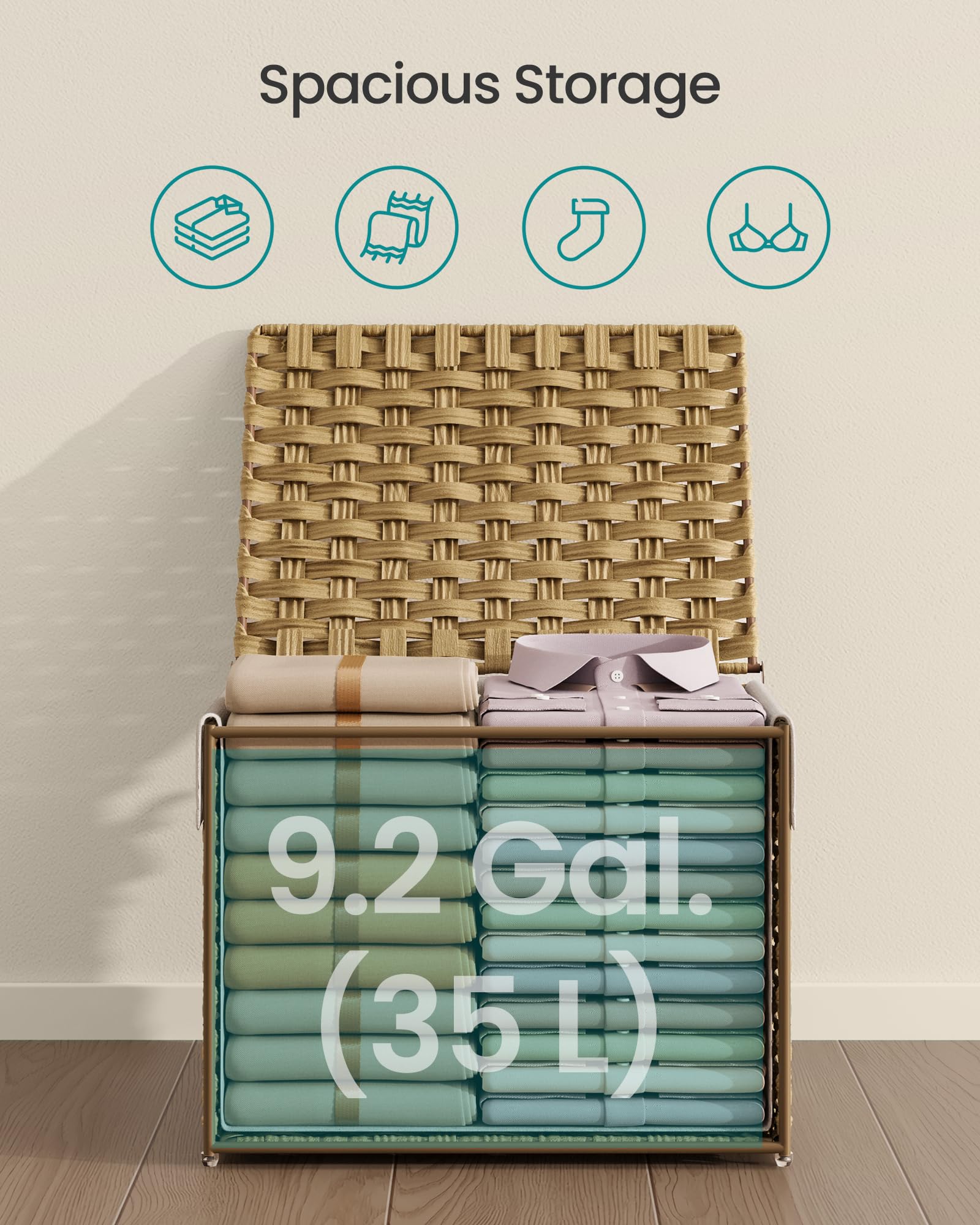 SONGMICS Storage Basket with Lid, Woven Blanket Storage Bin with Handles, Foldable, Removable