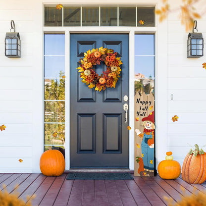 Glitzhome 24 inch Artificial Fall Wreath Decor, Autumn Maple Leaf Wreath for Front Door with Dahlia Pumpkin, Leaf and Berry Wreaths for Autumn Harvest Thanksgiving Halloween Decor