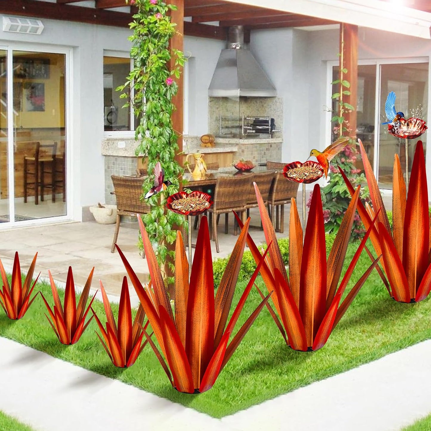 Large Tequila Rustic Sculpture, Rustic Metal Agave Plants for Outdoor Patio Yard, Home Decor Hand Painted Metal Agave Garden Yard Statue, Outdoor Lawn Ornaments (Red - L (W/Bird Feeder))