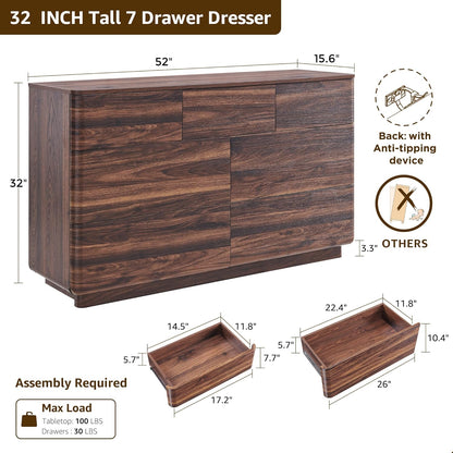 Modern 7 Drawer Dresser for Bedroom, 52" Wide Handleless Chest of Drawers, Push-to-Open Large Wood Storage, Dresser TV Stand for Bedroom, Living Room, Hallway, Curved Profile, Brown