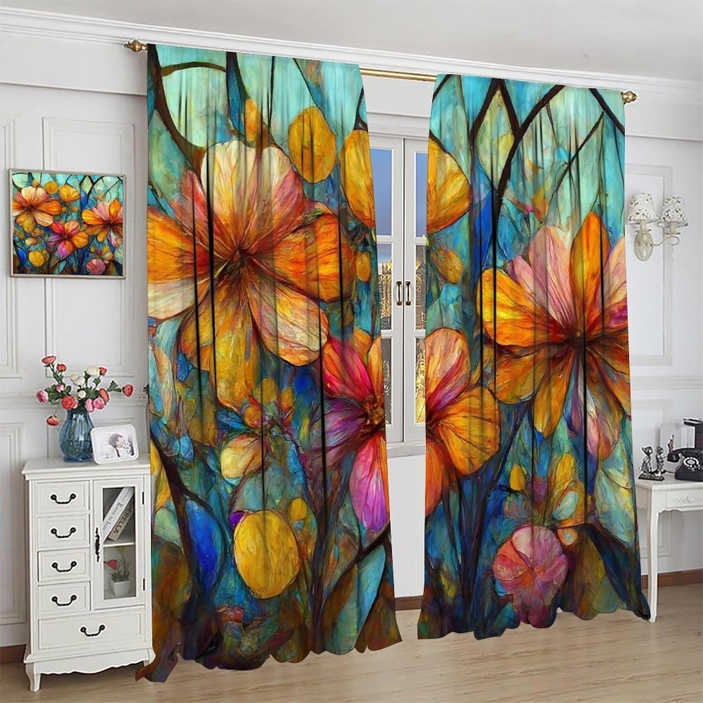 Stained Glass Curtains,Magic Forest Colorful Flowers Abstract Art Home Decor Drapes for Bedroom Living Room Kitchen Window Treatment 2 Panels Set Total Size 42" W X 63" L Inch