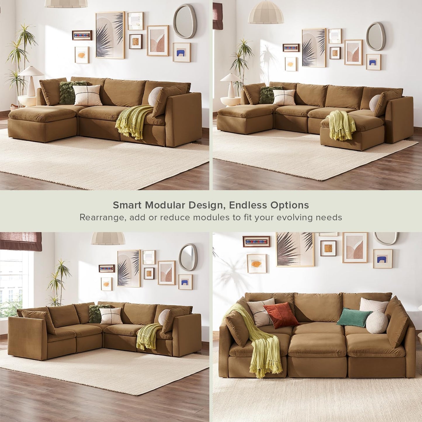 mopio Oversized Modular Sectional Sofa with Fully Removable Covers and Storage, Convertible U, L-Shaped and Sleeper Sectional, Modern Couches with Ottoman Chaise (Hazelnut Velvet, 4 Seats, L)
