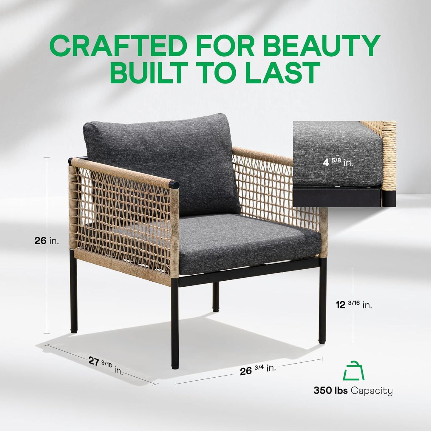 Idzo Oscar Wicker Outdoor Lounge Chair Set of 2, Sturdy Metal Frame, Weather-Resistant Rope Weave, Plush Olefin Cushions, Modern Patio Chairs for Backyard, Balcony, or Poolside