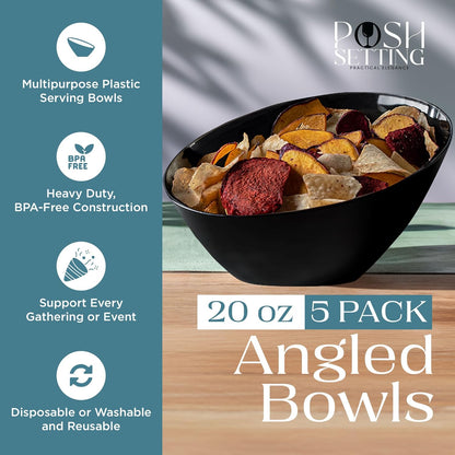 Posh Setting - Black Plastic Serving Bowls for Party - Angled, Disposable, Chip & Candy Bowls - 20 OZ, 5 Pack