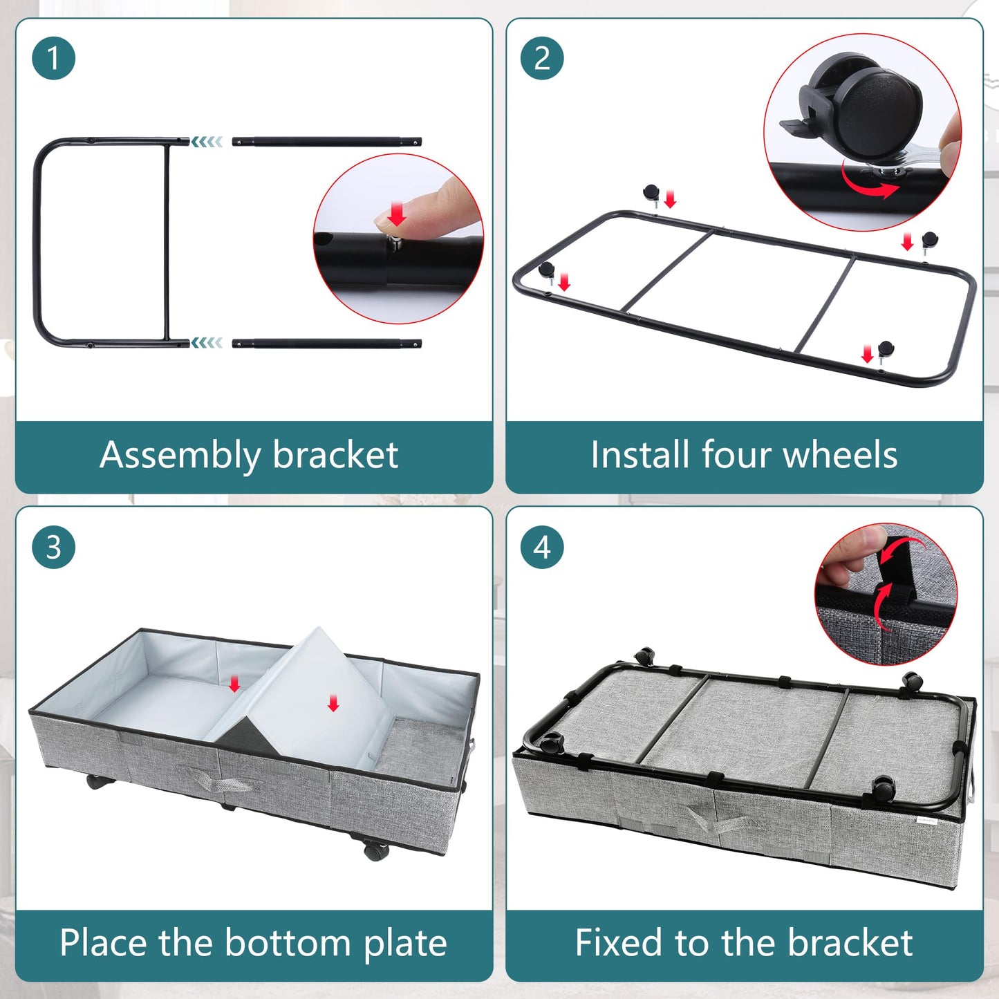 Supowin Under Bed Storage with Wheels, 2Pack Rolling Underbed Storage