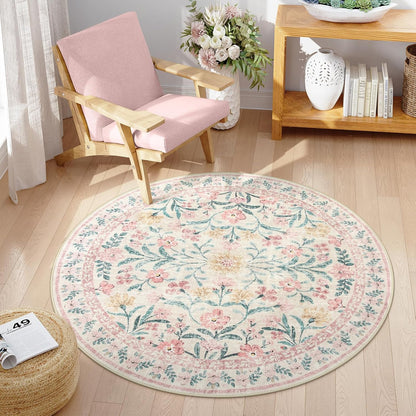 Wonnitar Pink Floral Round Rugs 5ft, Soft Circle Rug Non Slip Washable Round Carpet, Boho Non-Shedding Flower Distressed Circle Carpets for Bedroom Girls Room Nursery