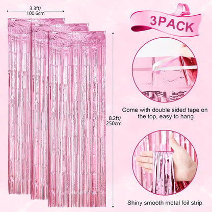 3 Pack 3.3 x 8.2 ft Light Pink Foil Fringe Backdrop Curtains, Tinsel Streamers Birthday Party Decorations, Fringe Backdrop for Graduation, Baby Shower, Gender Reveal, Disco Party