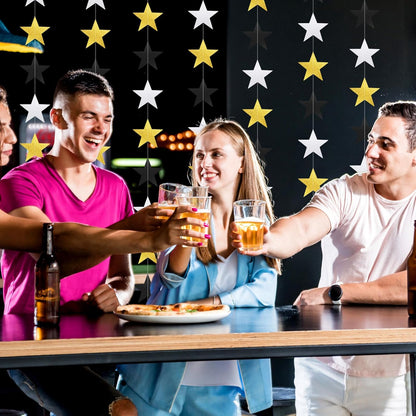 Patelai Glitter Star Garland Banner Decor 130 Feet Star Hanging Bunting Banner Twinkle Backdrop for Homecoming Classroom Wedding Birthday Halloween Christmas Party Supplies(Silver Gold Black)