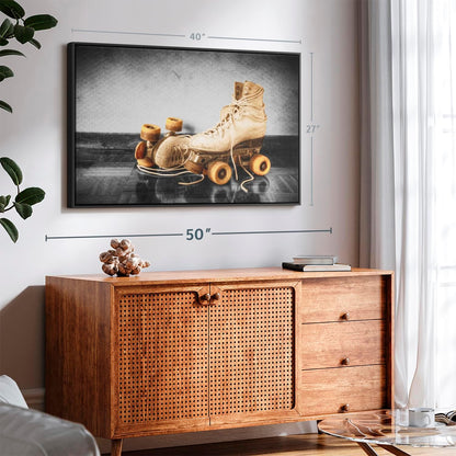 ElephantStock Vintage Skates Pop Wall Art - Horizontal Framed Canvas - 1-Piece Living Room Wall Decor - Sport Photography Canvas Print - Beige and Black Decor for Wall - 40" X 27"