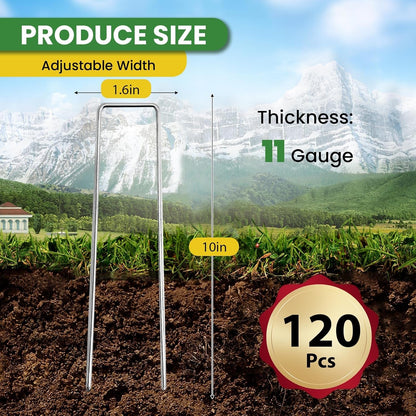 Landscape Staples Galvanized 10 Inch 120 Pcs, Metal Garden Stakes 1.6 Inch, Garden Staples for Lawn 11 Gauge