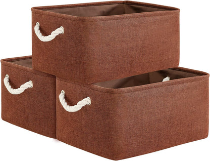 TheWarmHome Decorative Basket Rectangular Fabric Storage Bin Organizer Basket with Handles for Clothes Storage (Brown,Large-3Pack,15.7L*11.8W*8.3H)