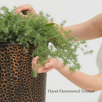 Worth Garden 2-Pack 25" H. Metal Planter with 2X Inside Pots - Hand-Hammered Texture Tall Cone Plant Pots - Large Handcrafted Black Flower Pot for Indoor Outdoor, Deck, Patio, Front Porch (Bronze)