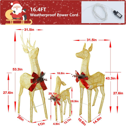 4.5FT Lighted Reindeer Family Set for Christmas Decoration, 3 Pieces Pre-Lit Iridescent Deer with 200 LED Lights, 3D Glittered Standing Holiday Display for Outdoor, Indoor, Golden