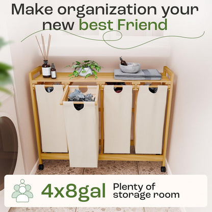 Laundry Sorter with 4 Sections beige, Hamper with Removable Cotton Bags & Wheels – Perfect Laundry Organizer - Eco-Friendly Rolling Laundry Basket – Durable Bamboo and Stylish Design