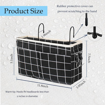 Bedside Caddy Bedside Hanging Storage Basket Multi-Function Organizer Caddy for Bunk and Hospital Beds Dorm Rooms Bed Rails, Can be Placed Glasses Books Mobile Phones（Black Grid）