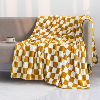 LOMAO Throw Blankets Flannel Blanket with Checkerboard Grid Pattern Soft Throw Blanket for Couch, Bed, Sofa Luxurious Warm and Cozy for All Seasons (Yellow, 50"x60")