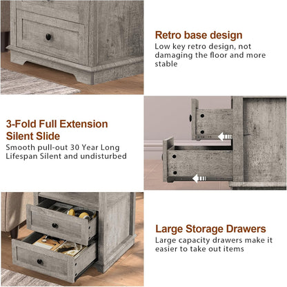 HIFYOBRO End Table with 2 Drawers and Charging Station, Type-C & USB Port & Power outlets, Wooden Storage Cabinet, Large Side Table with Storage for Living Room and Bedroom