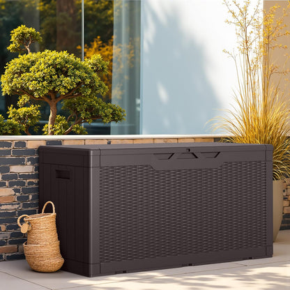 Greesum 100 Gallon Resin Deck Box Lockable Large Outdoor Storage Boxes for Garden Tools, Patio Furniture Cushions, Pool Supplies, Dark Brown