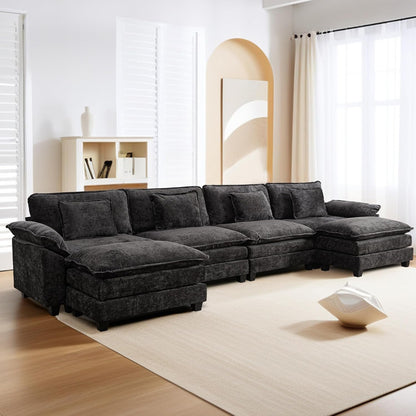 URRED Modular Sectional Sofa Comfy Cloud Couch, Modern Chenille Sofa Sleeper Deep Seat Couches with Ottoman/Pillows for Living Room (Black, 154'' - U Shape)