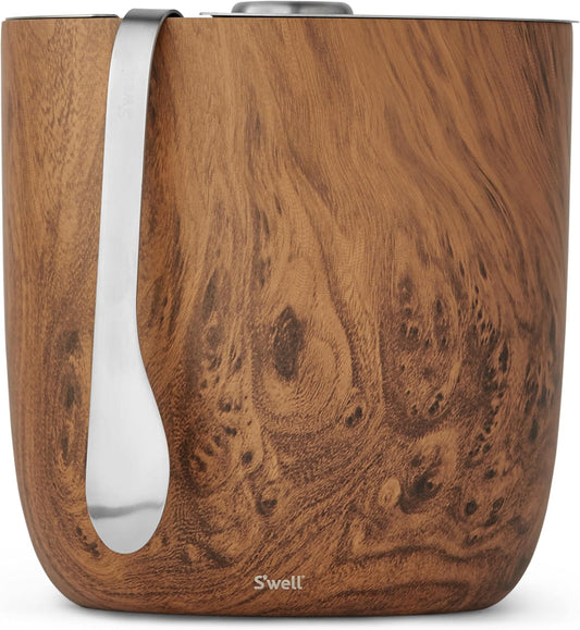 S’well Stainless Steel Ice Bucket with Tongs, 68oz Capacity, Teakwood Finish, Triple-Layer Vacuum