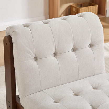 Modern Armless Accent Chair for Living Room, Soft Beige Linen Button Tufted Upholstered Lounge Reading Chair with Walnut Wood Frame