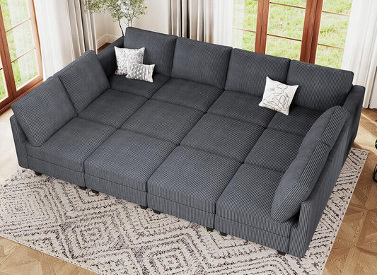 Belffin Oversized 12 Seat Modular Sectional Sleeper Sofa Convertible Sofa with Storage Seat Large Corduroy Modular Sectional Couch for Living Room Dark Grey