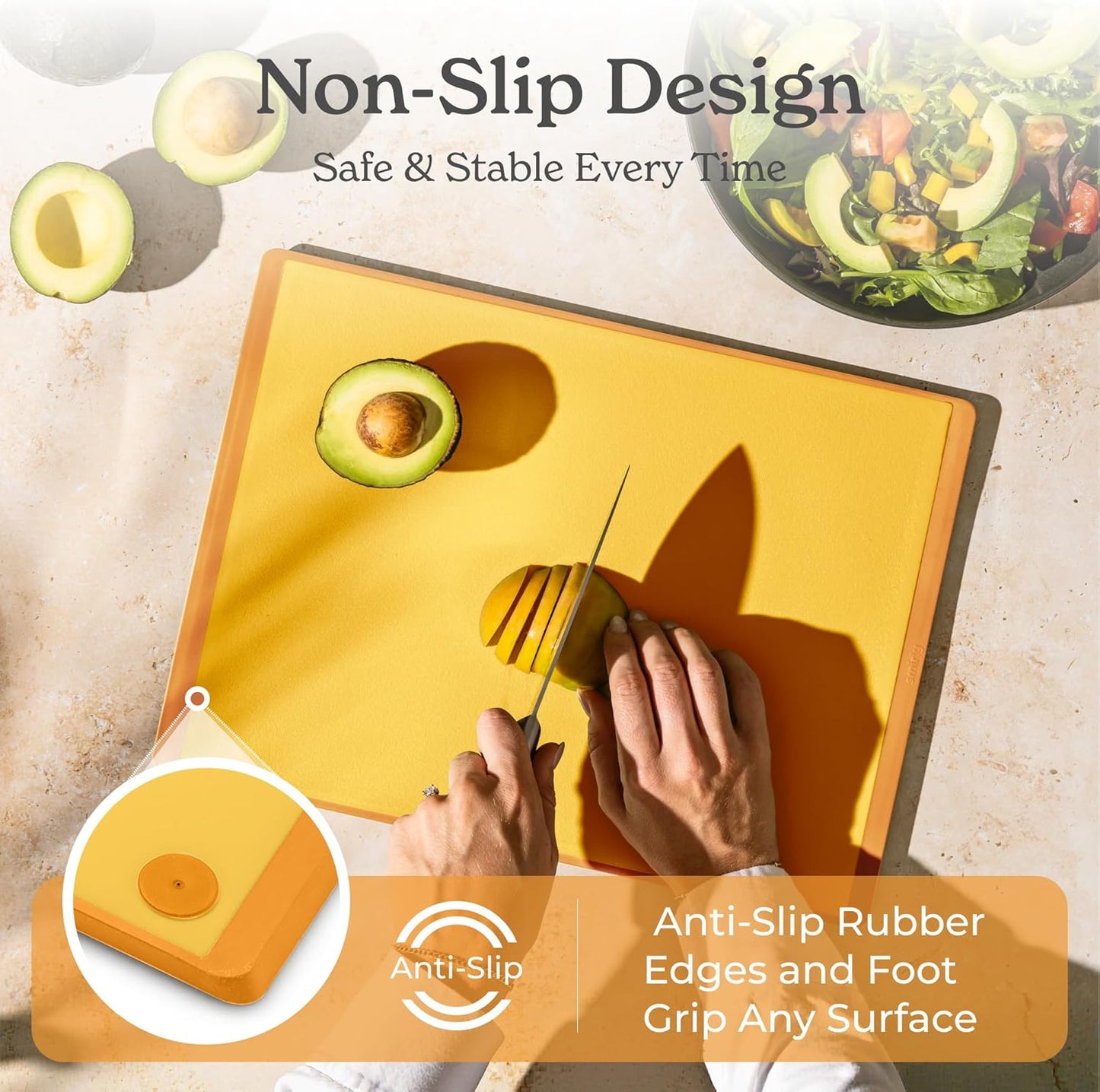 SMIRLY Plastic Cutting Board Set with Holder 4 Pieces, Non-Slip Dishwasher Safe Chopping Boards for Kitchen, Yellow