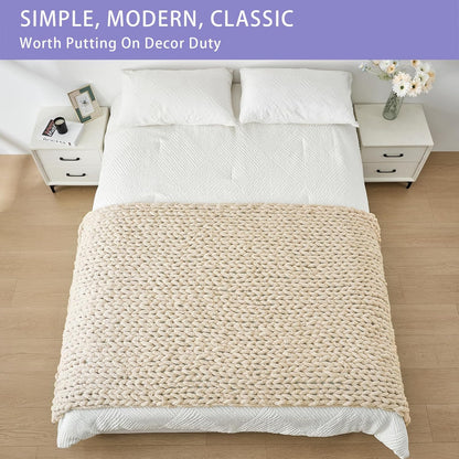 Bigacogo Chunky Knit Throw Blanket for Couch, 40x80 inches, 100% Hand Knitted with Thick Jumbo Chenille Yarn, Cozy Soft Large Rope Knot Cable Crochet Blankets for Sofa Bed Living Room, Beige