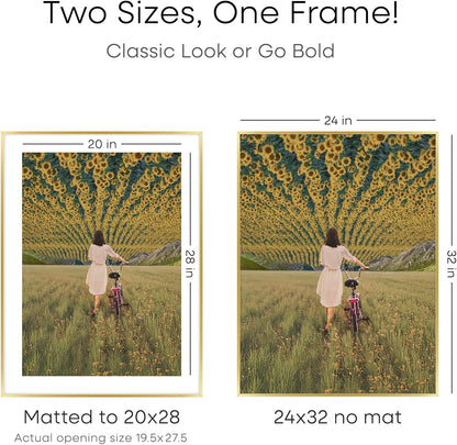 Homeforia 24x32 Poster Frame Gold, High End Metal 24 x 32 Large Picture Frames with Mat 20 by 28 for Photo, 24x32 Gold Frame Matted to 20x28 inch Print, 32x24 Frame, Tempered Glass, Wall Kit, Set of 1