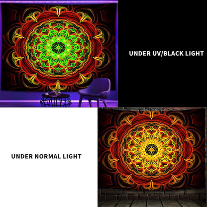 Blacklight Mandala Tapestry Wall Hanging, Psychedelic Black Light Posters for Adults and Teens, UV Reactive Aesthetic Golden Art for Bedroom (60 x 50 Inches)