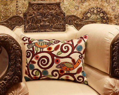Lumbar Klimt Modern Pillow Cover | Cream, Multicolor Tree of Life, Birds, Floral Suzani Floral Pattern | 14" x 20" | 1 Count