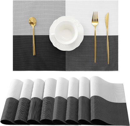 Leetaltree Gray with White Grid Pattern Placemats Set of 8 - Heat Resistant Non-Slip Place mats for Dining Table, Washable Durable PVC Vinyl Woven Table Mats（Grey Grid, 8）