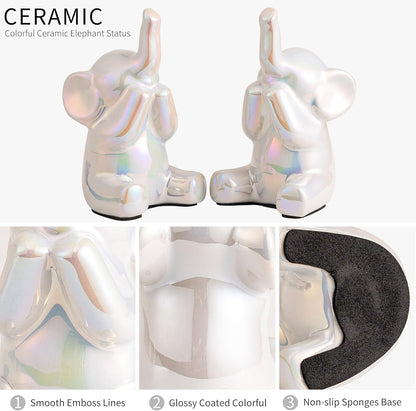Colorful White Loving Pair of Small Elephant Statues Silver Home Decor Modern Boho Style Figurine Decorative Ornaments for Living Room, Bedroom, Office Desktop, Cabinets, Shelf