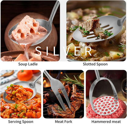 304 Stainlss Steel Kitchen Utensils Set, 12 Pcs Long Metal Cooking Utensil Gadgets Tools Set with Spatula, Ladle, Spoon, Ladle, Skimmer, Tunner, Pasta Server, Tongs(Silver, Dishwasher Safe)