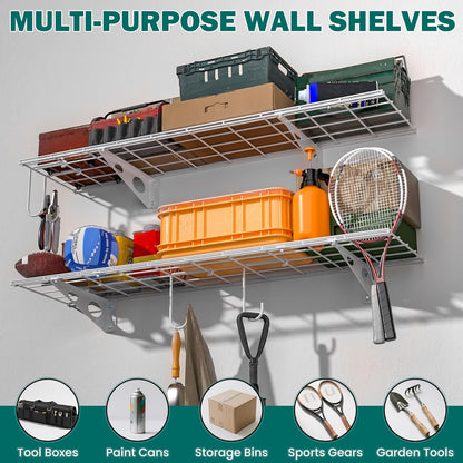 EVERHANGER Garage Wall Shelves, 12 X 48 Inch Wall Mounted Storage Shelves, Heavy Duty Metal Shelving with Hooks, 2 Pack, White