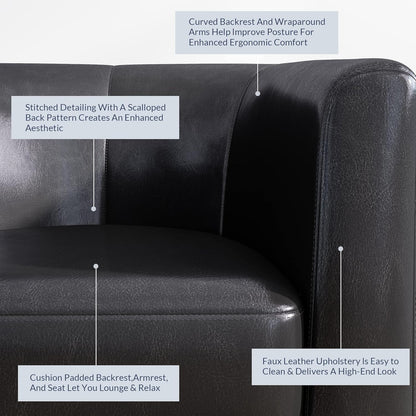 BELLEZE Accent Barrel Chair, Set of 2 Faux Leather Round Club Tub Sofa Corner Chair with Flared Legs and Cozy Soft Padding for Living Room Bedroom Waiting Room - Black