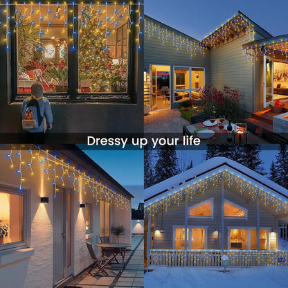 200ct Blue&Clear Mini Icicle Christmas Lights, 23FT White Wire Incandescent Bulb String Lights, Connectable Indoor Outdoor for Eaves, Window, Curtain, Party, Wedding