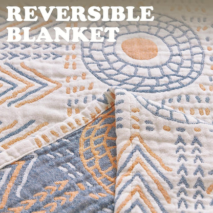 jinchan Boho 100% Cotton Muslin Queen Size 80x90 Throw Blanket Lightweight 4-Layer Orange Reversible Blanket Washable Breathable Geometric Striped Pattern Soft Comfy for Couch Bed Decor All Seasons