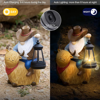 RM ROOMERS Garden Highland Cow Decor Outdoor Resin Solar Highland Cowboy Gnome Statue Yard Decorations Funny Gnomes Figurine Lights Unique Gifts for Women Housewarming Patio